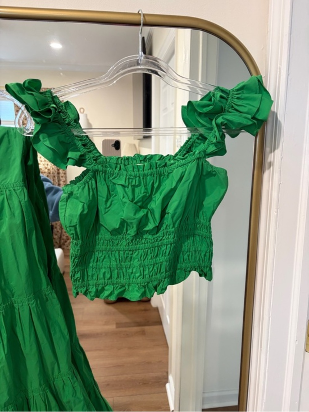 Anthropologie Maeve Emerald Green Tiered Skirt & Ruffled Crop Top Set